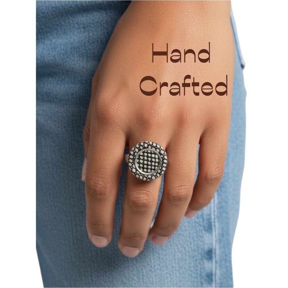 Hand Crafted Brown Cream Plaid Fabric Button Adjustable Ring NWT OS